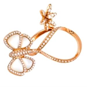 18k Rose Gold Diamond Mother Of Pearl Butterfly Flower Ring 13 grams